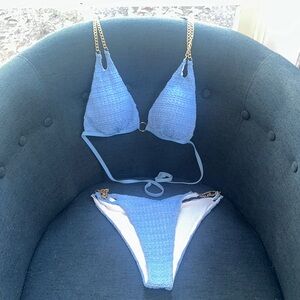 Blue Textured Bikini with Gold Chain Straps